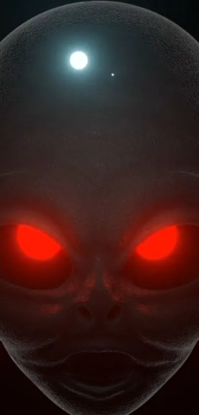 Dark alien face with glowing red eyes.