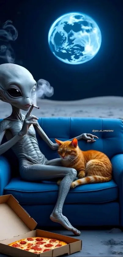 Alien relaxes with cat on blue sofa under moonlight.