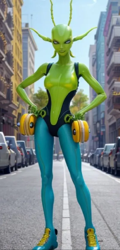 Alien roller skater in vibrant city street setting, perfect mobile wallpaper.