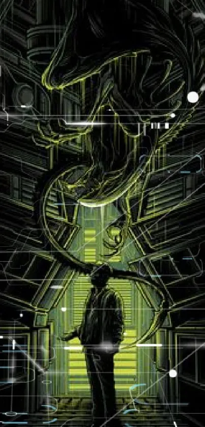 Dark sci-fi alien artwork on a phone wallpaper.