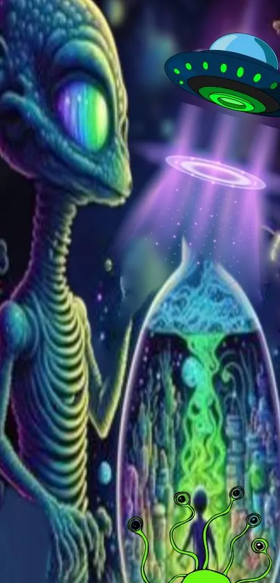 Alien and UFO in neon fantasy art wallpaper.