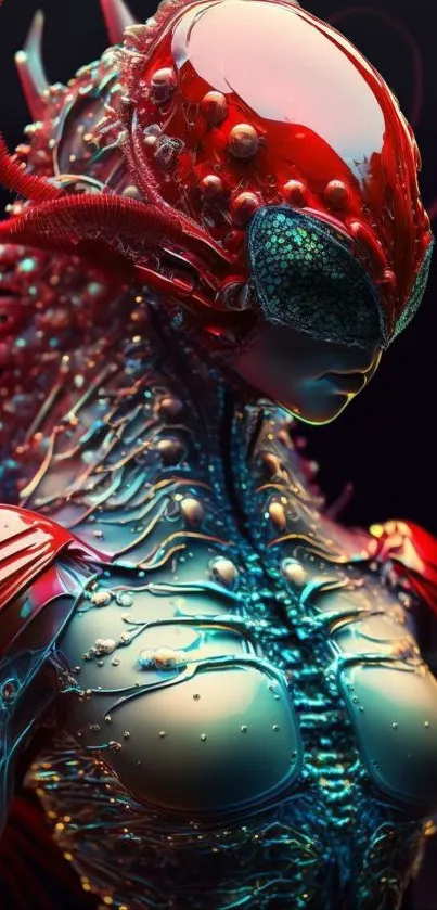 Futuristic alien with cyber armor and vibrant colors.