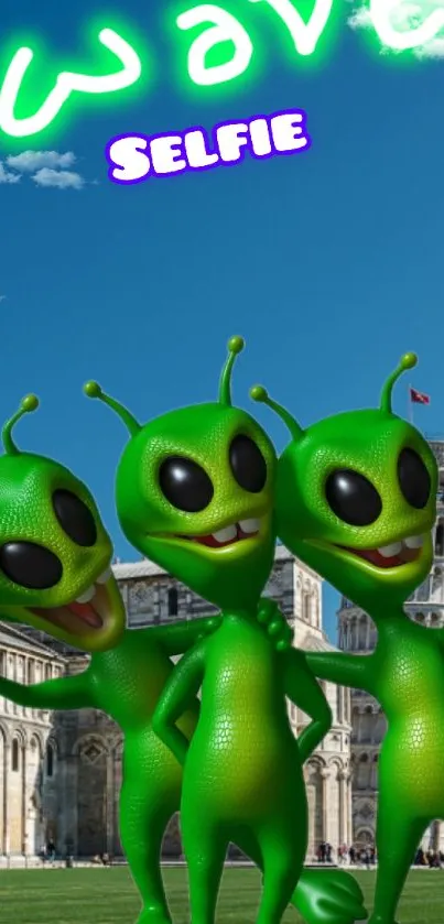Green aliens taking a selfie with a landmark backdrop.