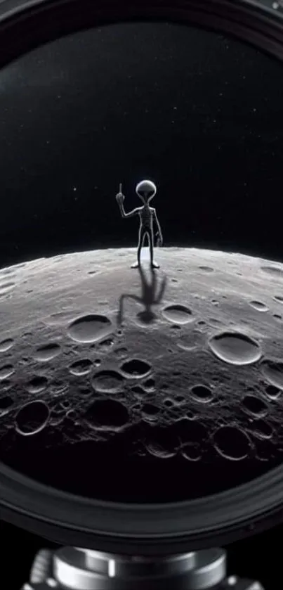 Alien stands on the moon, viewed through a telescope lens, emphasizing lunar craters.