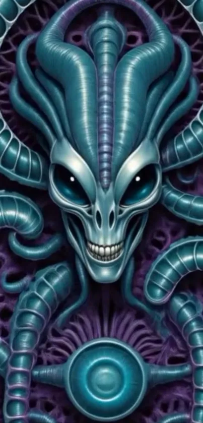 Alien skull with intricate teal patterns on a fantasy wallpaper.