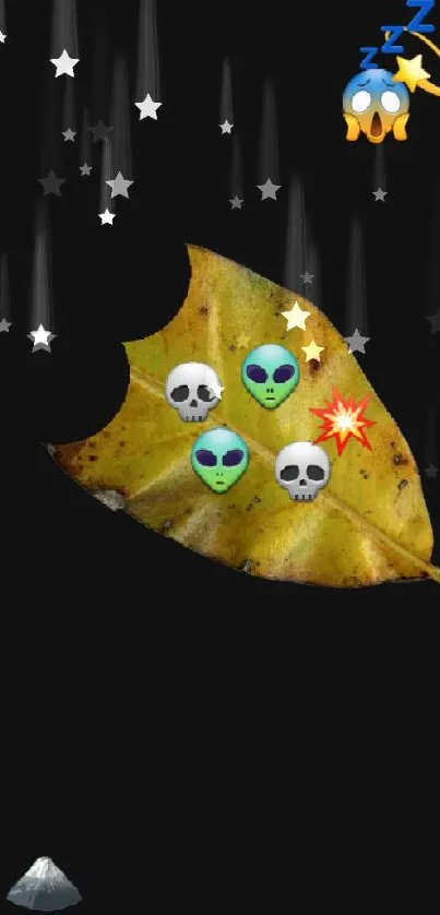 Creative wallpaper with alien and skull emojis on a vibrant leaf.