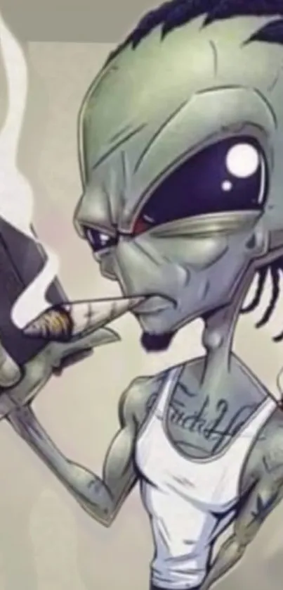 Illustration of a cool alien smoking with an edgy artistic style.