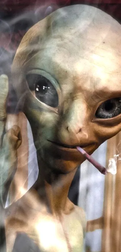 Funny alien smoking with middle finger.