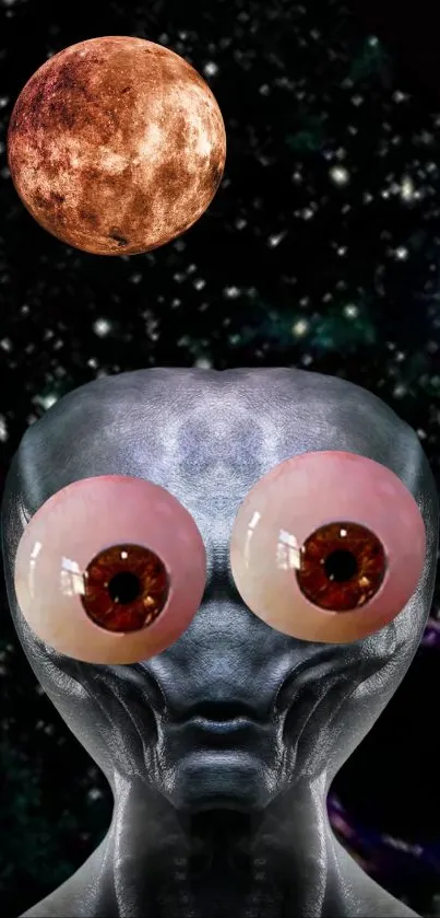 A mysterious alien with colorful eyes beneath a starry sky and planet.