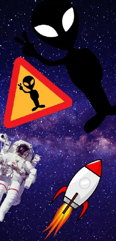 Wallpaper with alien, astronaut, and rocket in space.
