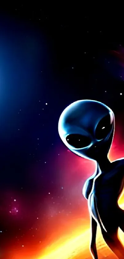 Alien figure against fiery space backdrop with vibrant colors.