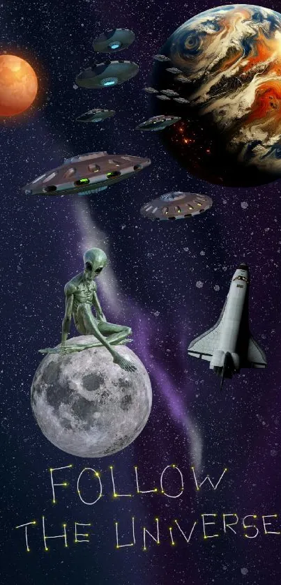 Alien sitting on moon wallpaper with planets and space elements.