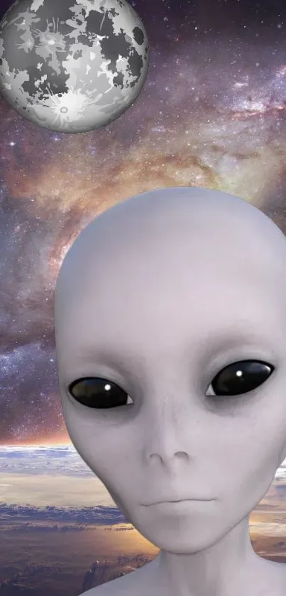 Alien figure with galaxy background wallpaper.