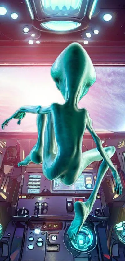 Green alien navigating a spaceship cockpit in a sci-fi scene.