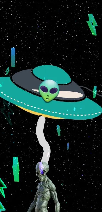 Alien spaceship and planets in starry galaxy.