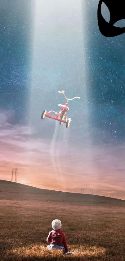 Alien spaceship beams up tricycle from field under starry sky.