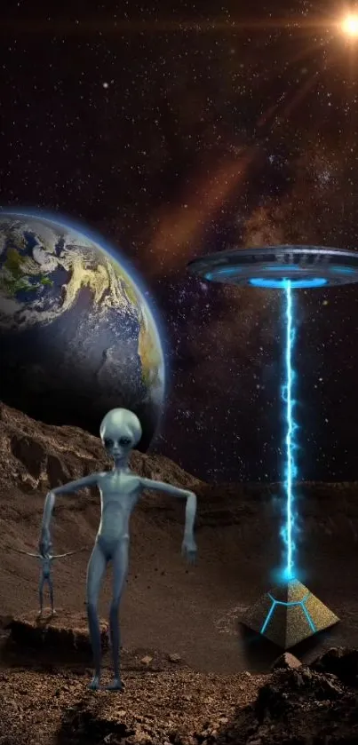 Alien and UFO on moon with Earth in background.