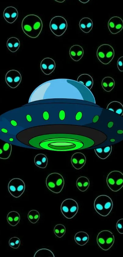 Vibrant alien spaceship wallpaper with glowing green extraterrestrial faces.