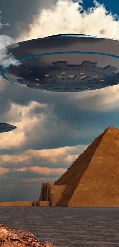 Alien spaceships hover above pyramids in a desert landscape.