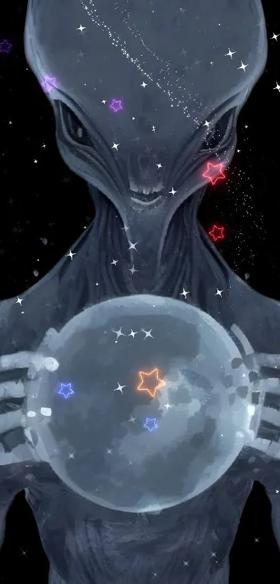 Alien holding a starry orb against a cosmic backdrop.