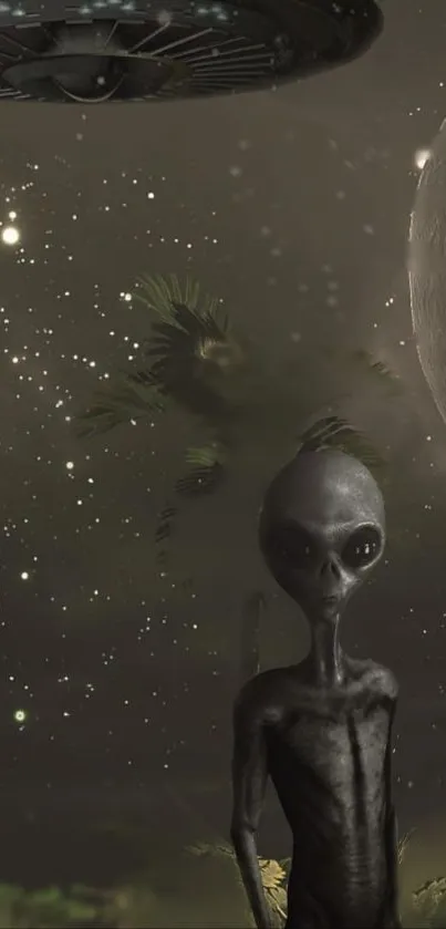 Alien figure under a UFO in outer space with stars and planets.