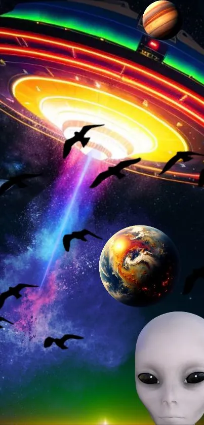 Alien UFO with planets and cosmic colors in space scene.
