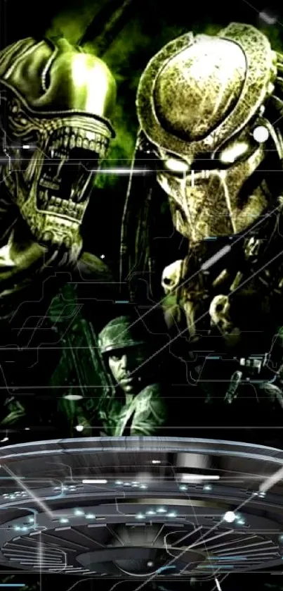 Alien vs Predator dark sci-fi wallpaper featuring iconic characters.