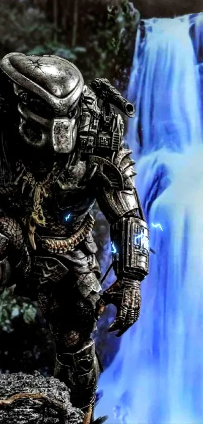 Alien warrior beside blue jungle waterfall.