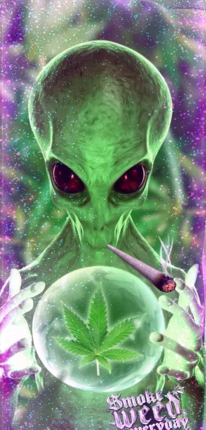 Trippy green alien holding a glowing crystal ball with cannabis leaf.