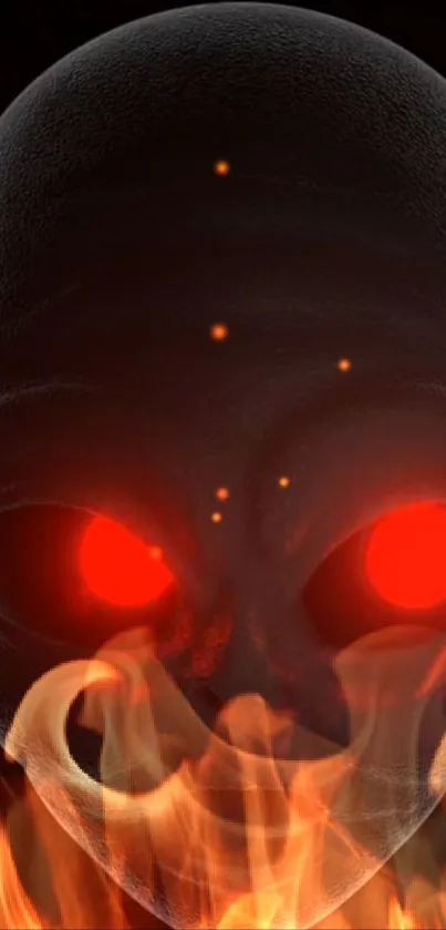 Close-up of fiery alien eyes with flames on a dark background.