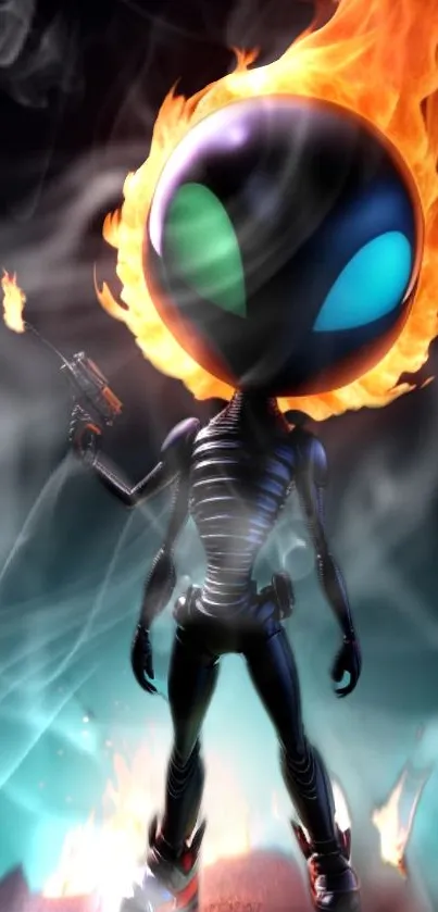 Alien with flaming hair, holding a weapon, surrounded by smoke.