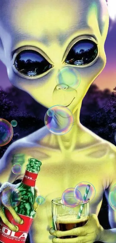 Alien holding soda bottle with bubbles in forest.