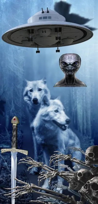 Fantasy wallpaper with wolves, aliens, and spaceships in a mystical forest setting.