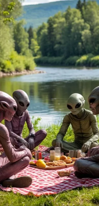 Aliens having a picnic by a lake with scenic nature.