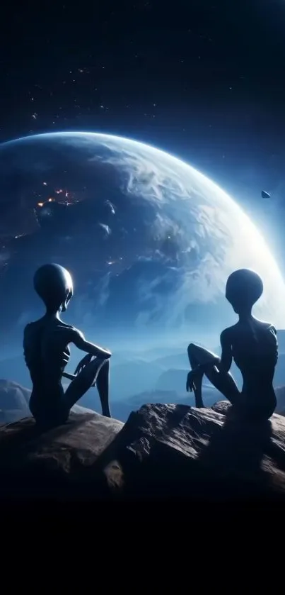 Two aliens sitting on a cliff, gazing at Earth with a starry space backdrop.