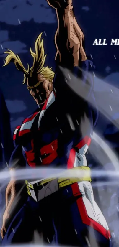 All Might in a dynamic heroic pose against a dark background.