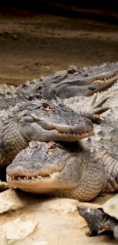 Close-up of alligator family resting on sand.