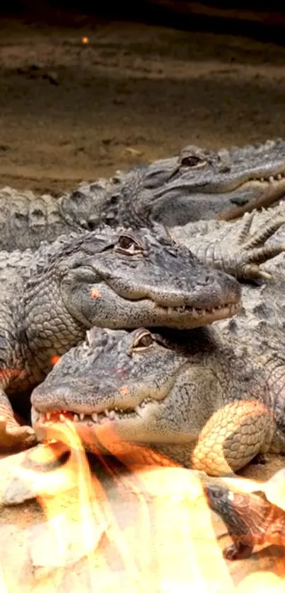 Three alligators resting peacefully on sandy ground under warm sunlight.