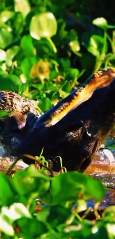 Alligator emerging in a lush green swamp surrounded by vibrant foliage.