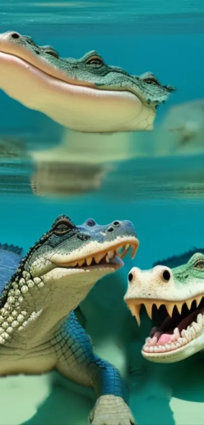 Alligators swimming in turquoise water, showcasing vibrant wildlife art.