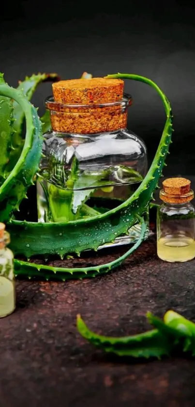 Aloe vera leaves with essence bottles on a dark background.