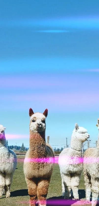 Four alpacas stand under a clear blue sky.