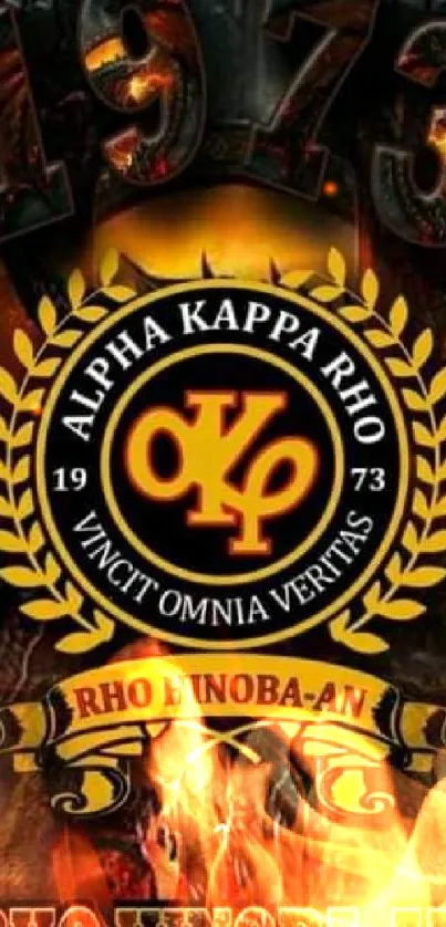 Alpha Kappa Rho emblem with fiery background.