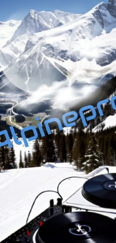 Alpine snow mountain with DJ decks wallpaper.