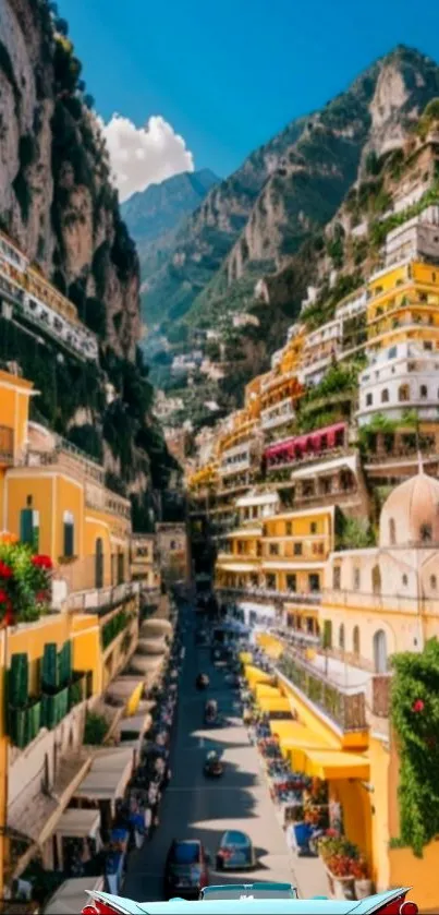 Vibrant Amalfi Coast town with colorful architecture and scenic cliffs under a blue sky.