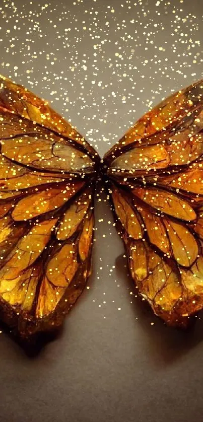 Amber colored butterfly art on dark background.