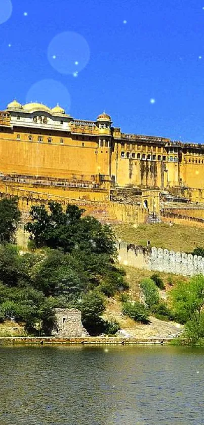 Amber Fort with blue sky and serene water body in Jaipur.