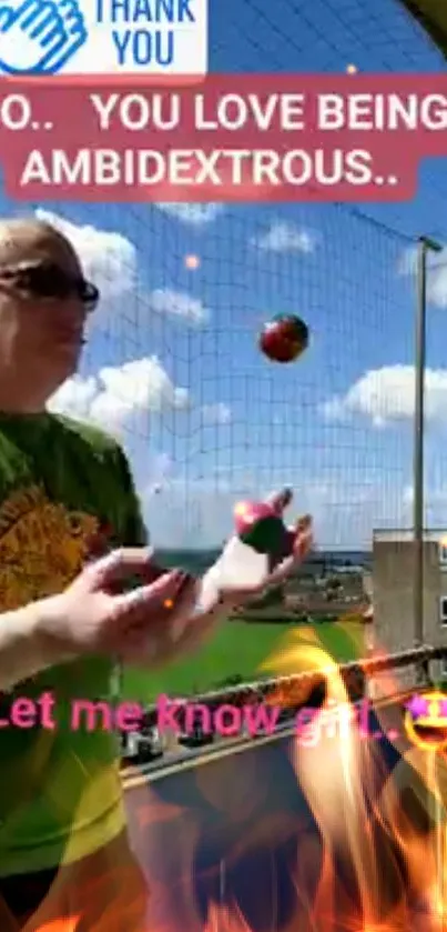 Ambidextrous juggler under blue sky with vibrant juggling balls.