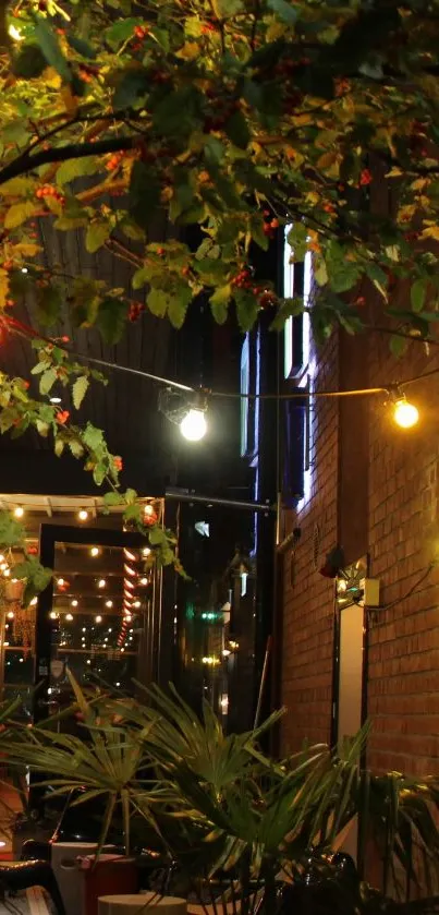 Cozy garden at night with string lights and lush plants.