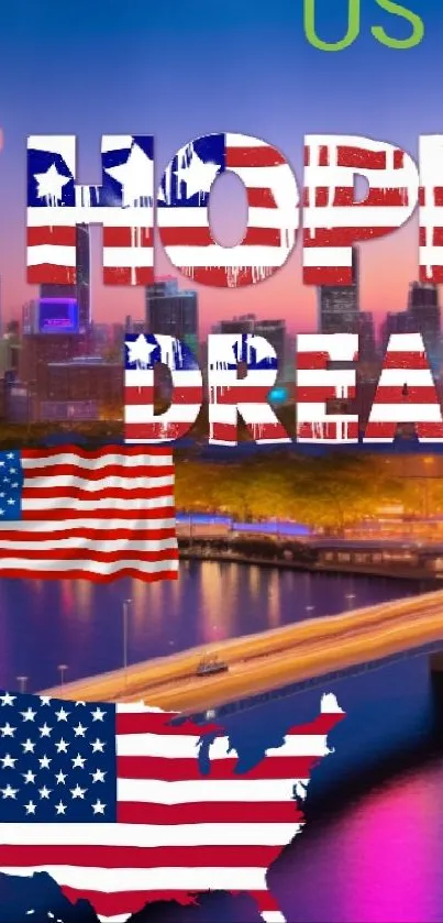 Patriotic wallpaper with US map and flag over city skyline.